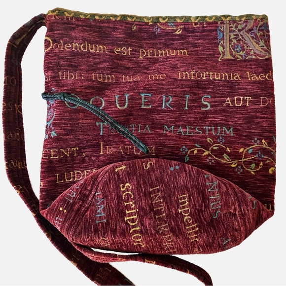 Red/Maroon Tapestry Draw-String Latin Text Pouch Medieval Renaissance - Picture 2 of 8